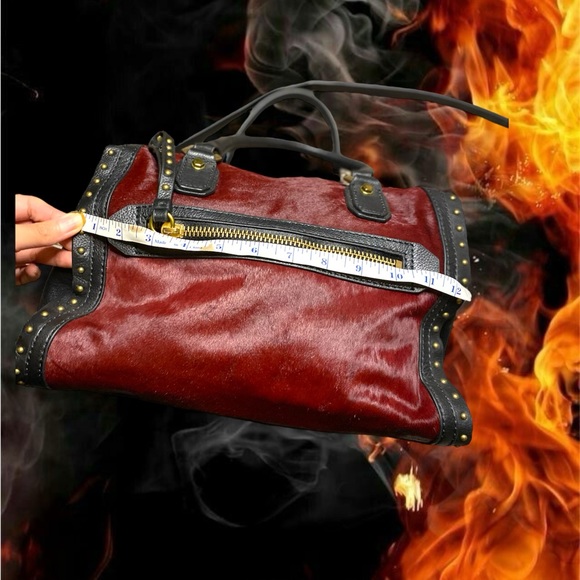 orYANY Burgundy Calf Hair Black Leather Satchel Shoulder Purse Handbag - Picture 9 of 14